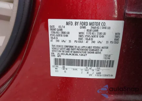 2014 Lincoln Mkx from USA, damaged, VIN 2LMDJ6JK3EBL12627